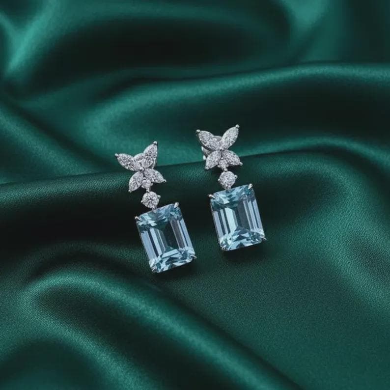 Aquamarine Emerald Cut Dangle Earrings