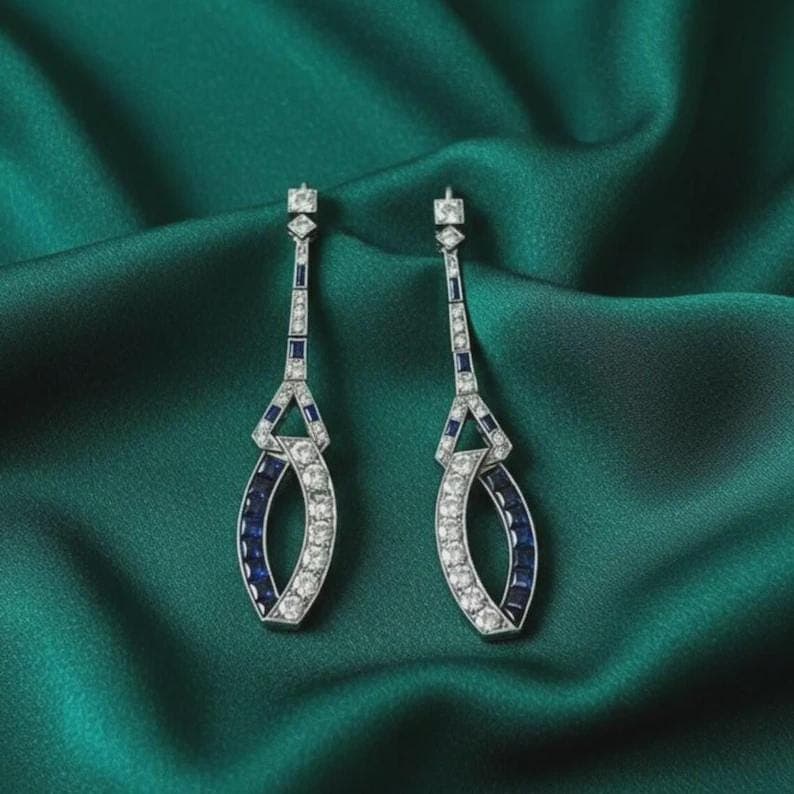 Art Deco Sapphire Diamond Dangle Earrings