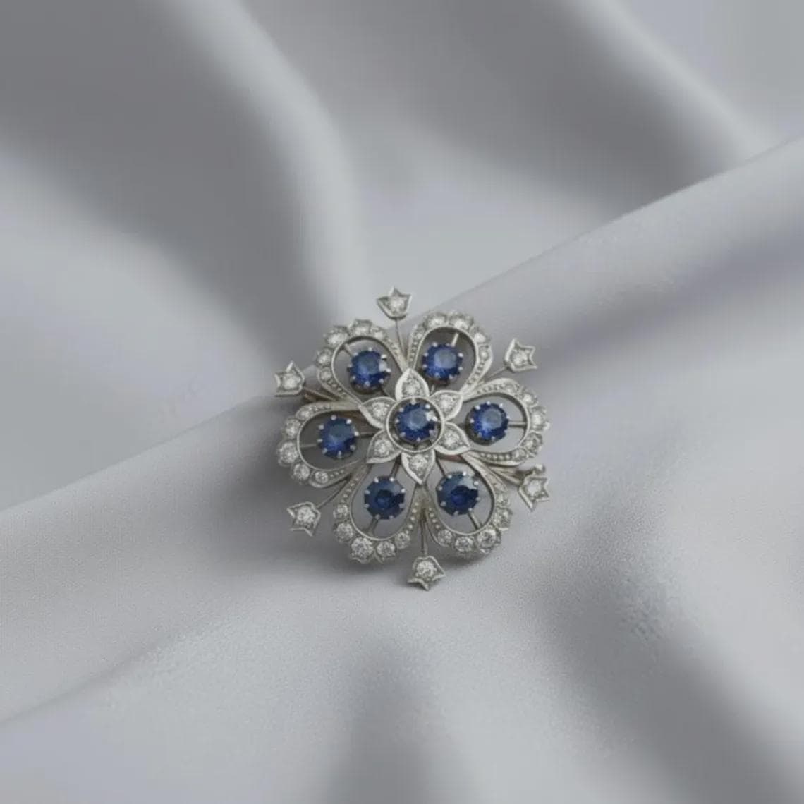 Sapphire & Diamond Floral Brooch — View 4