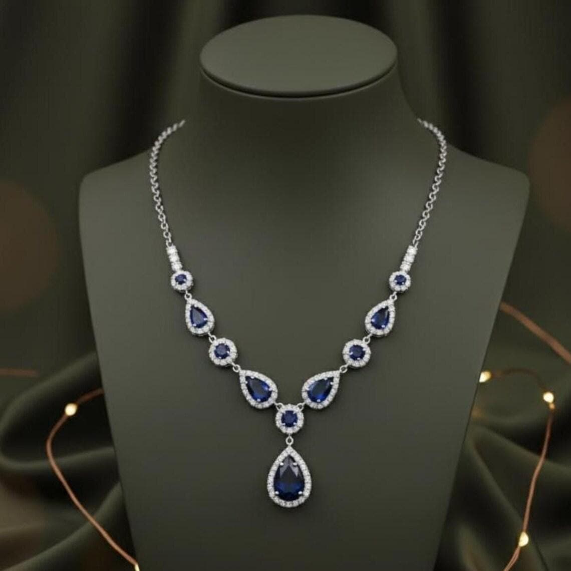 Sterling Silver Pear Cut Sapphire Diamond Bridal Necklace — View 3