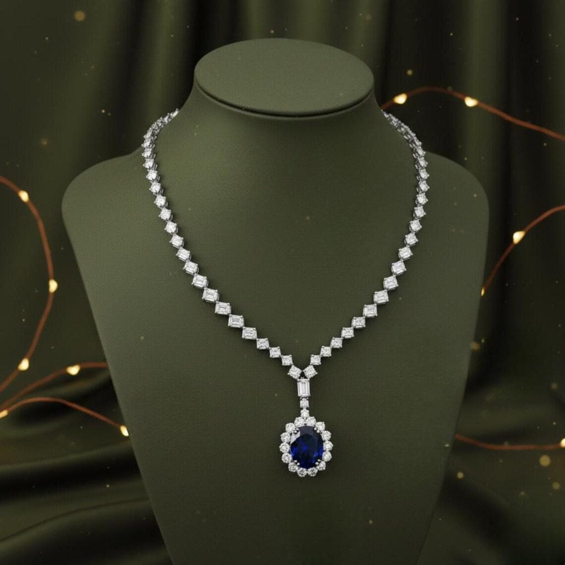 14K White Gold Plated Blue Sapphire Diamond Necklace
