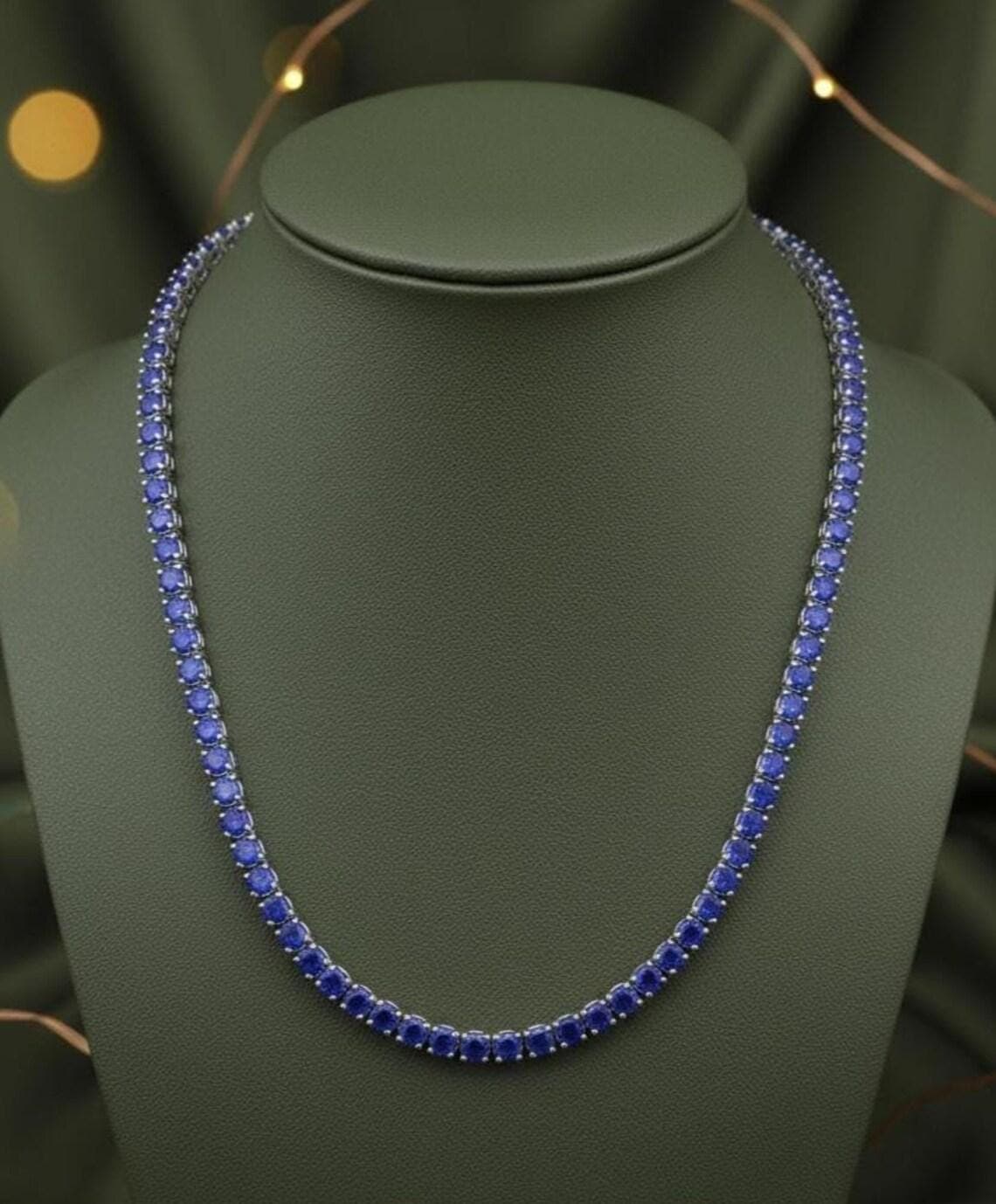 Blue Sapphire Tennis Necklace in 14K White Gold