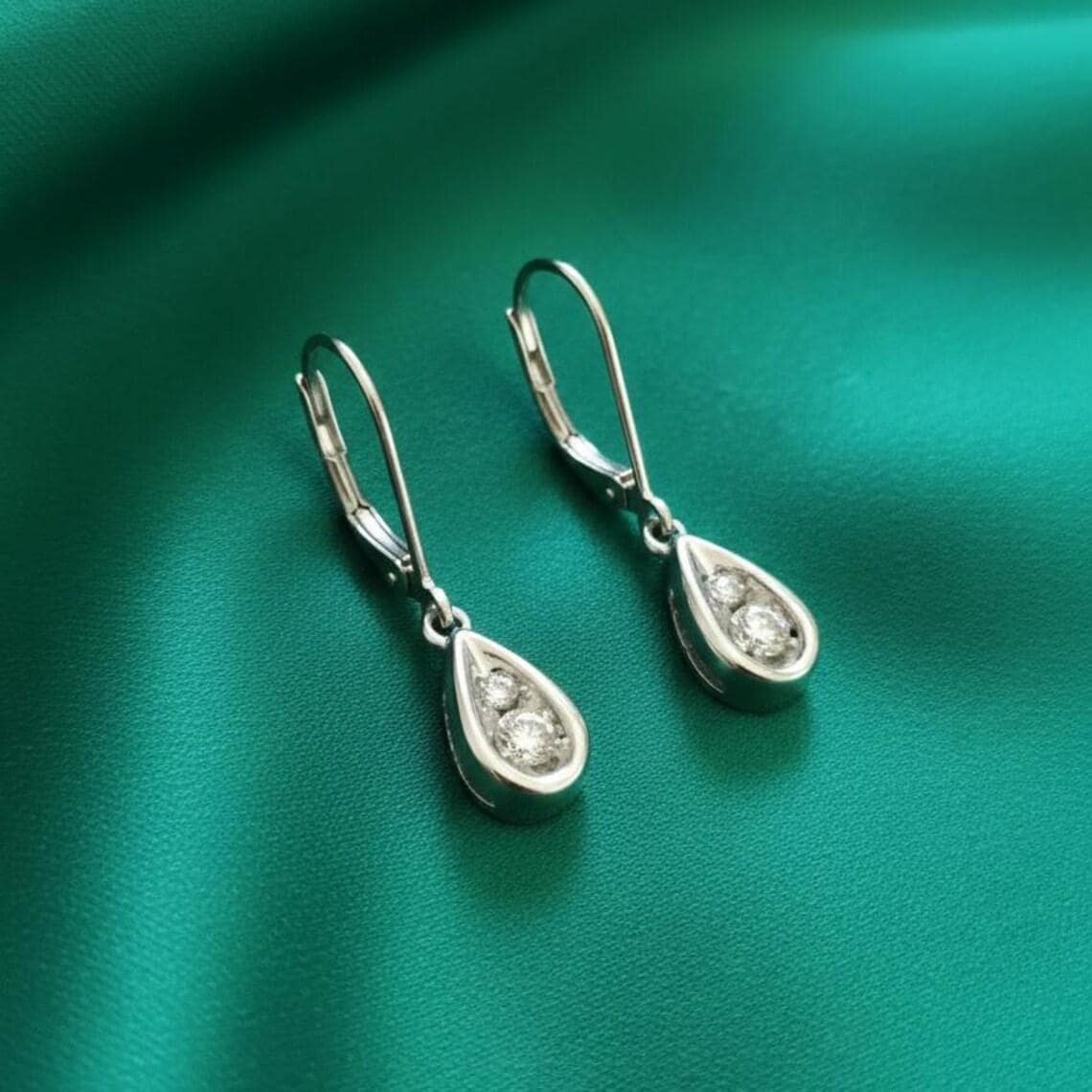 Moissanite Minimalist Two Stone Drop Dangle 14K White
