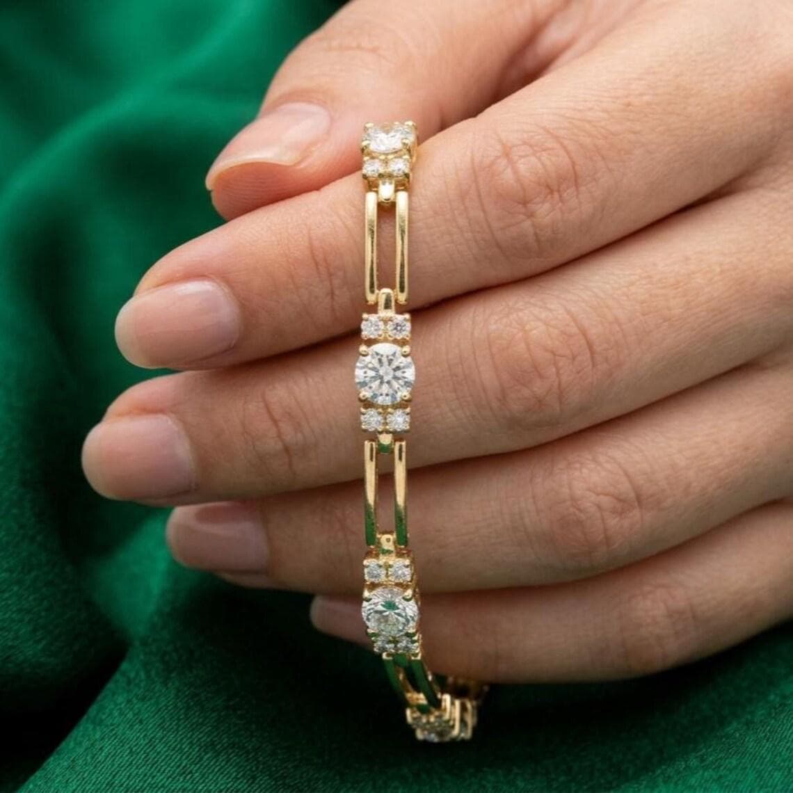 Bar Link Diamond/Moissanite Tennis Bracelet 14K Yellow Gold — View 3