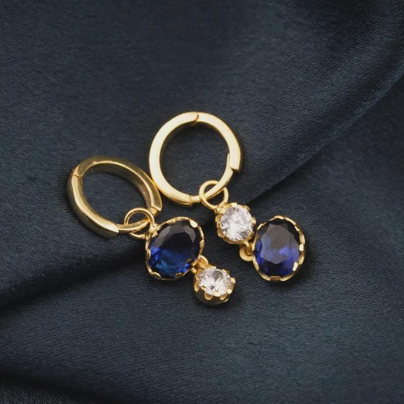 14k Gold Hoop Earrings with Blue Sapphire & — View 2