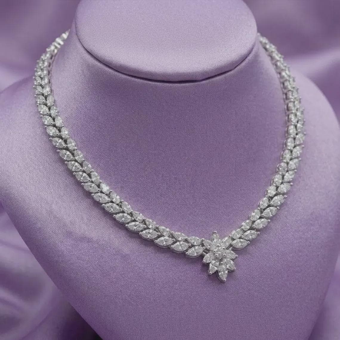 Marquise Diamond/Moissanite Floral Drop Necklace 14K Gold Plated
