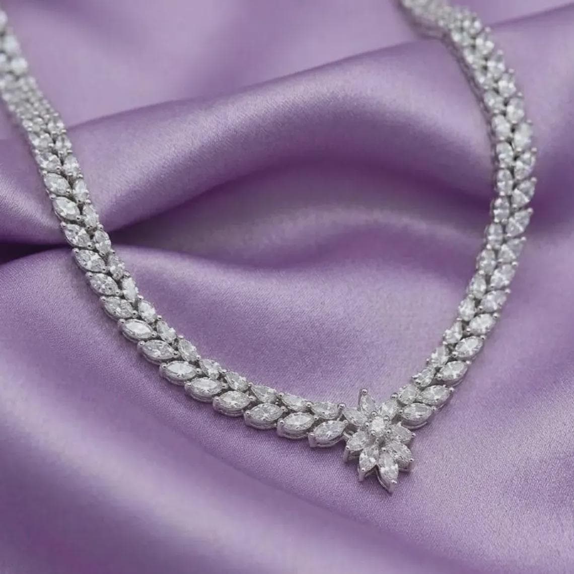 Marquise Diamond/Moissanite Floral Drop Necklace 14K Gold Plated — View 3