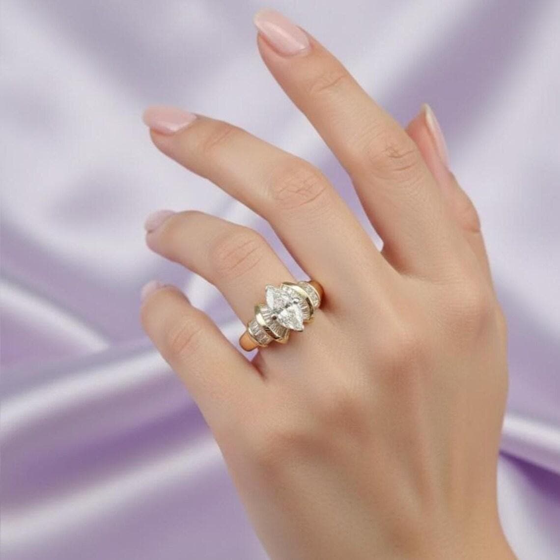 Marquise & Baguette Diamond Moissanite Engagement Ring 14K — View 6