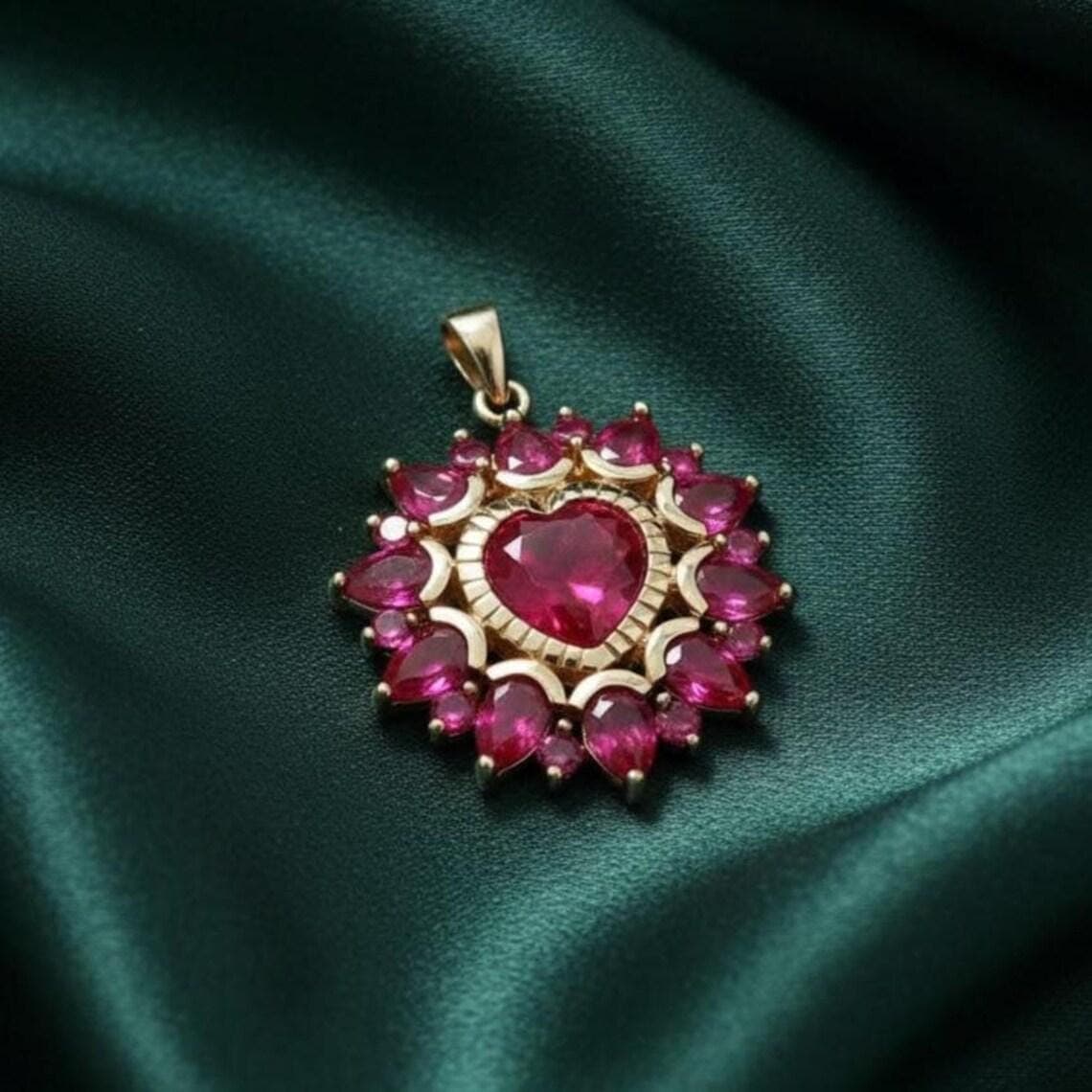Pink Ruby Heart Cluster Pendant Necklace
