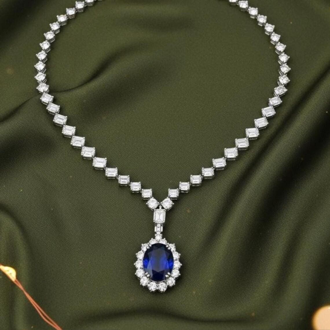14K White Gold Plated Blue Sapphire Diamond Necklace — View 2