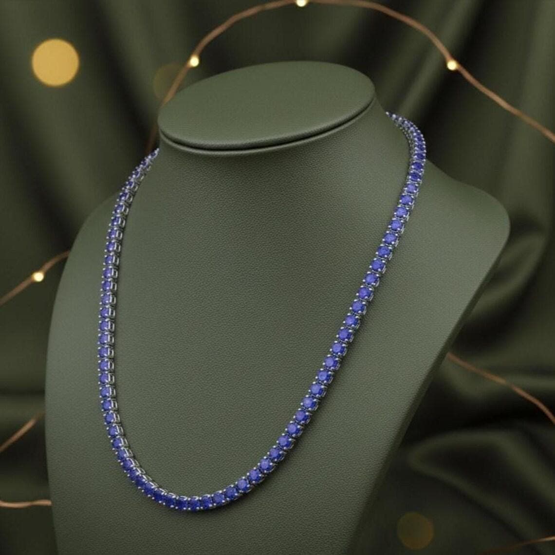Blue Sapphire Tennis Necklace in 14K White Gold — View 4