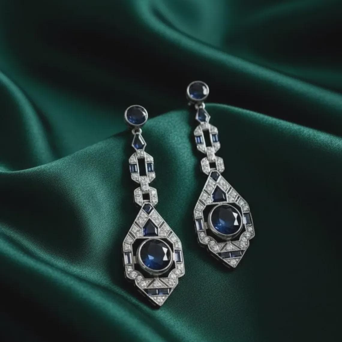 Art Deco Sapphire Diamond Drop Earrings — View 3