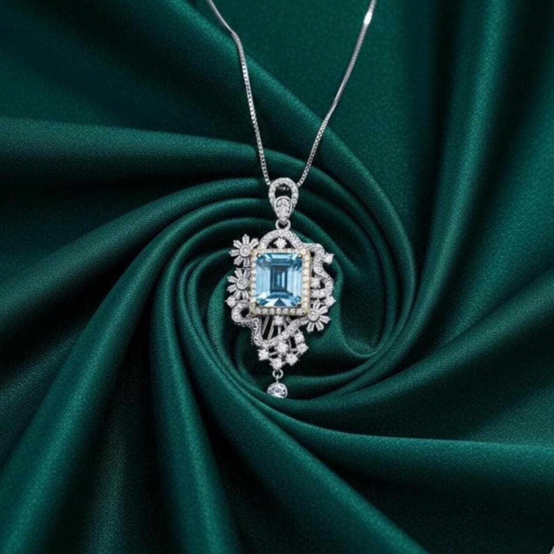 Emerald Cut Aquamarine Halo Pendant — View 3