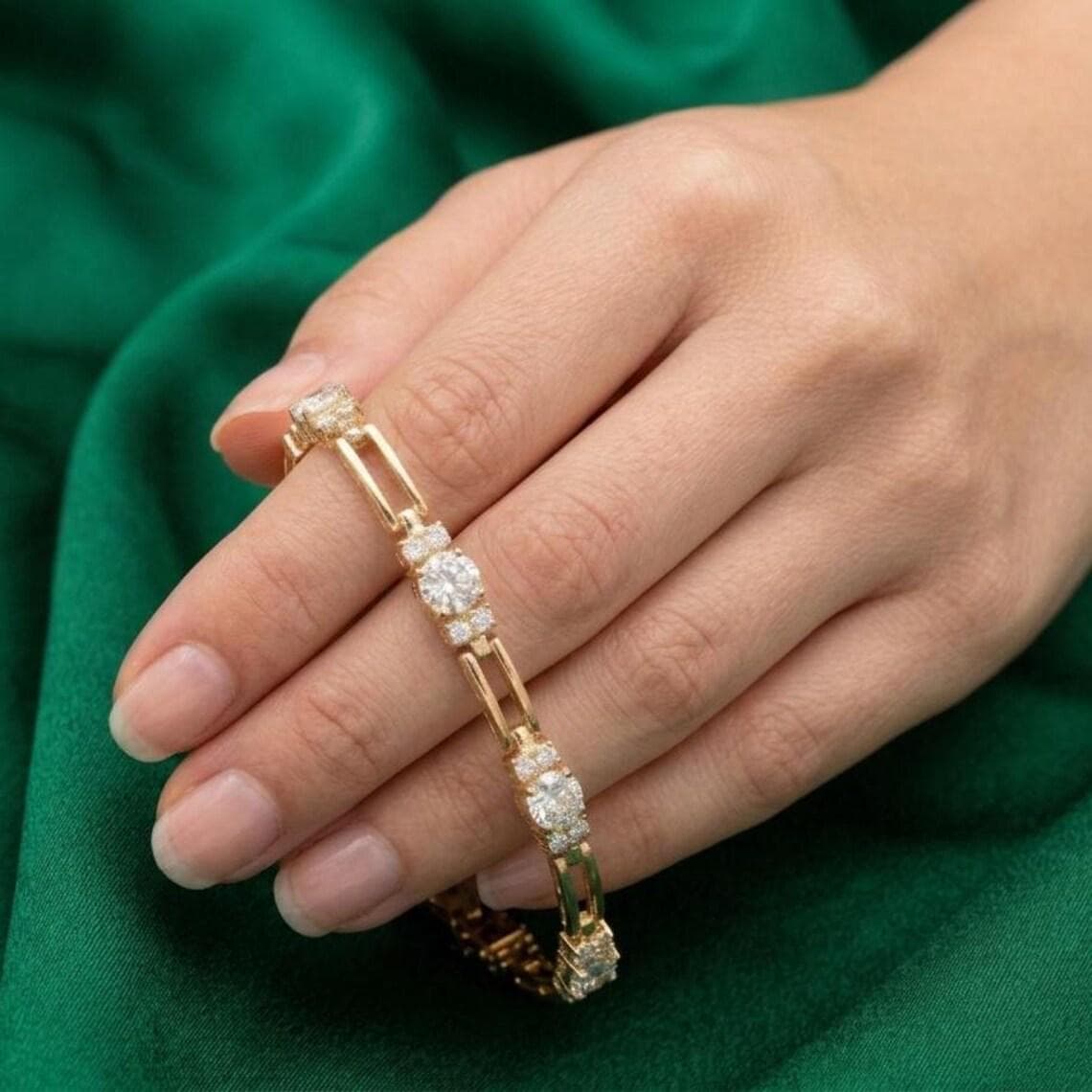 Bar Link Diamond/Moissanite Tennis Bracelet 14K Yellow Gold — View 2