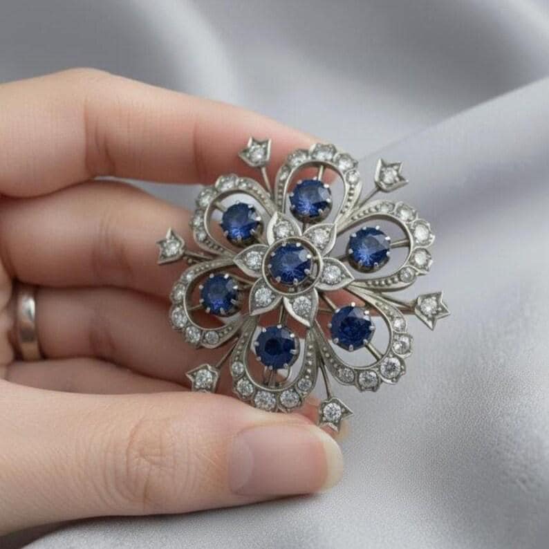 Vintage Blue Sapphire Floral Brooch with Diamond Accents