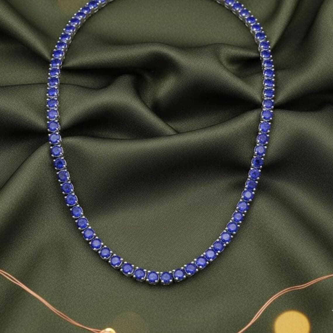 Blue Sapphire Tennis Necklace in 14K White Gold — View 2