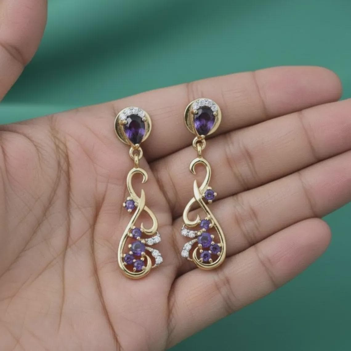 Rounded Pear Amethyst Earrings Diamond Engagement 14K Yellow — View 2