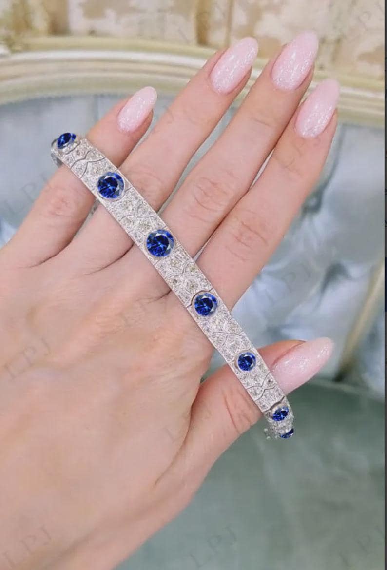 Vintage Style Blue Sapphire and Diamond Bracelet Elegant — View 6