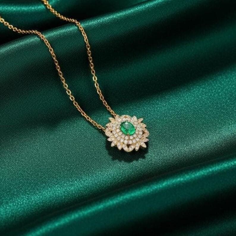 14K Gold Finish Emerald Diamond Halo Pendant Necklace — View 4