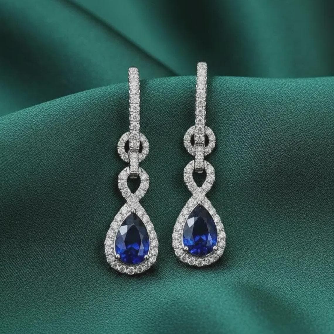 Pear Cut Blue Sapphire Halo Drop Earrings — View 2