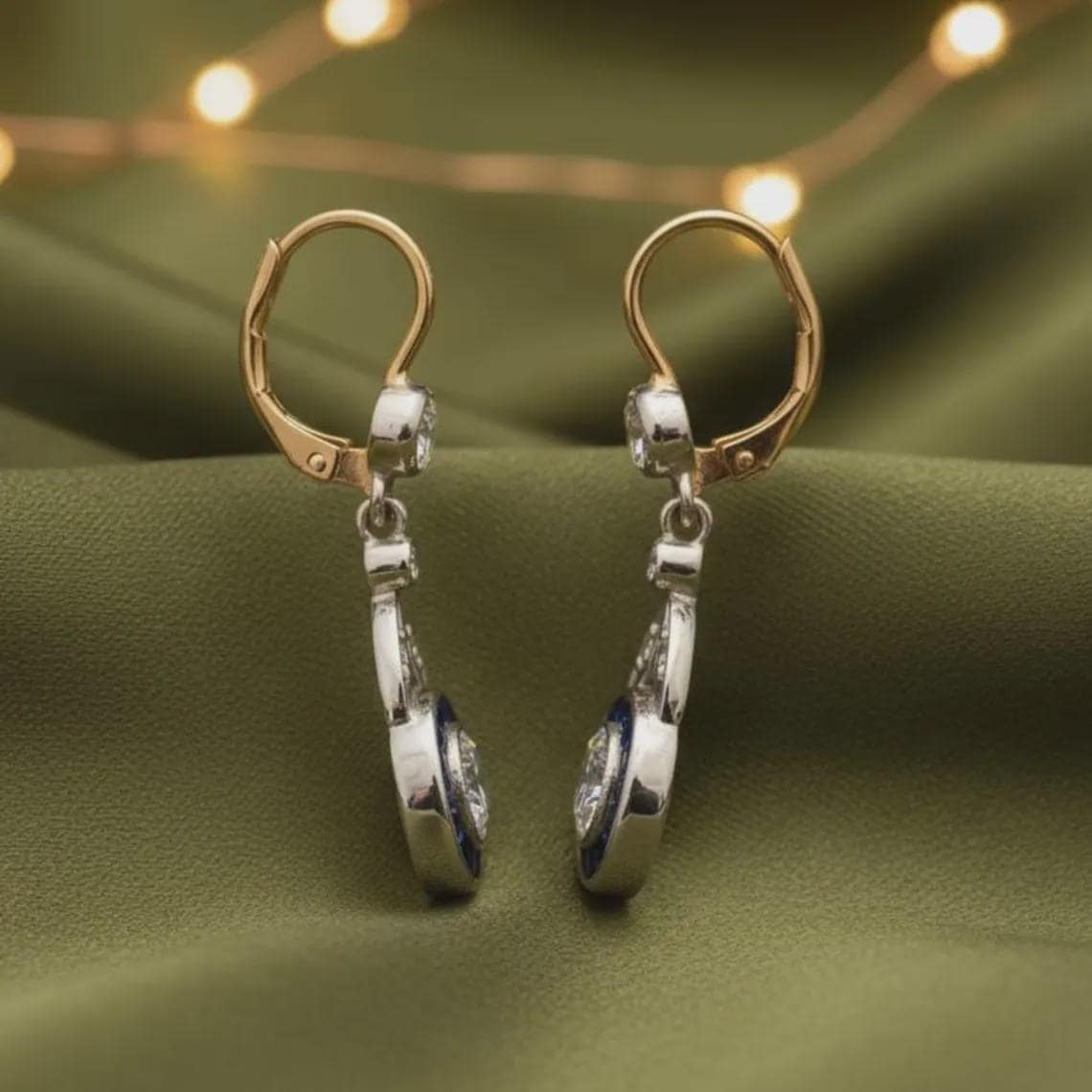 Art Deco Sapphire Diamond Drop Earrings — View 4