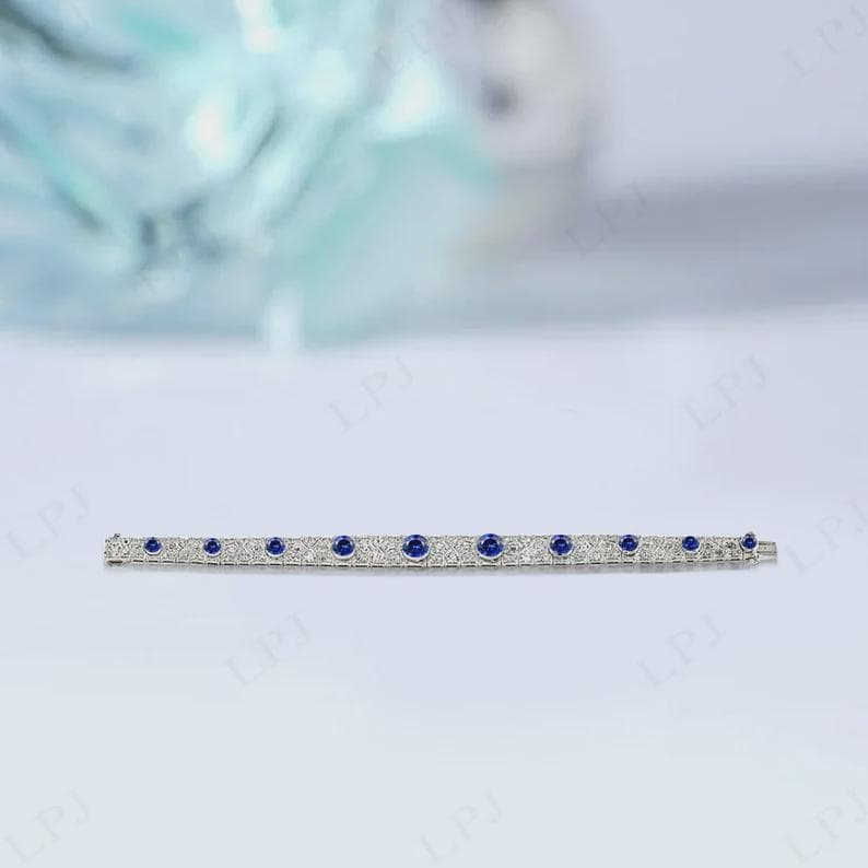 Vintage Style Blue Sapphire and Diamond Bracelet Elegant — View 5