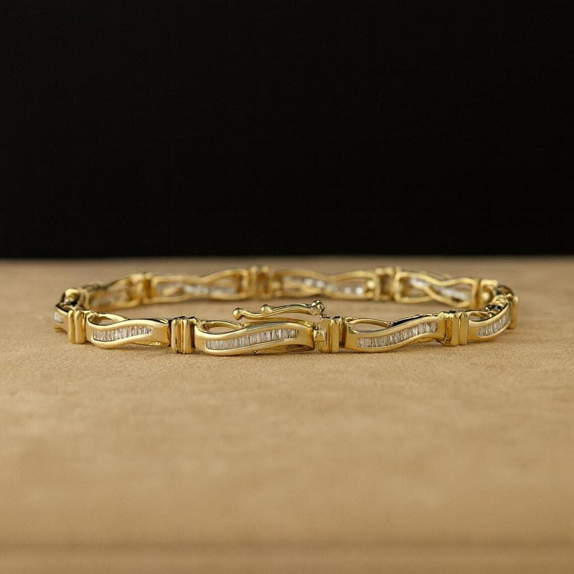 Gold Wavy Baguette Diamond Tennis Bracelet — View 3