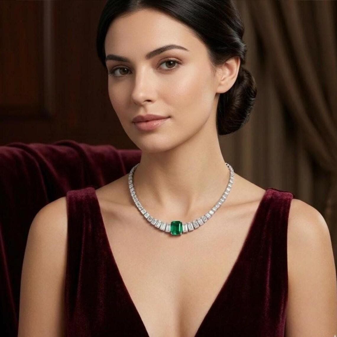 Green Emerald Cut Solitaire Tennis Necklace 14K Gold — View 2
