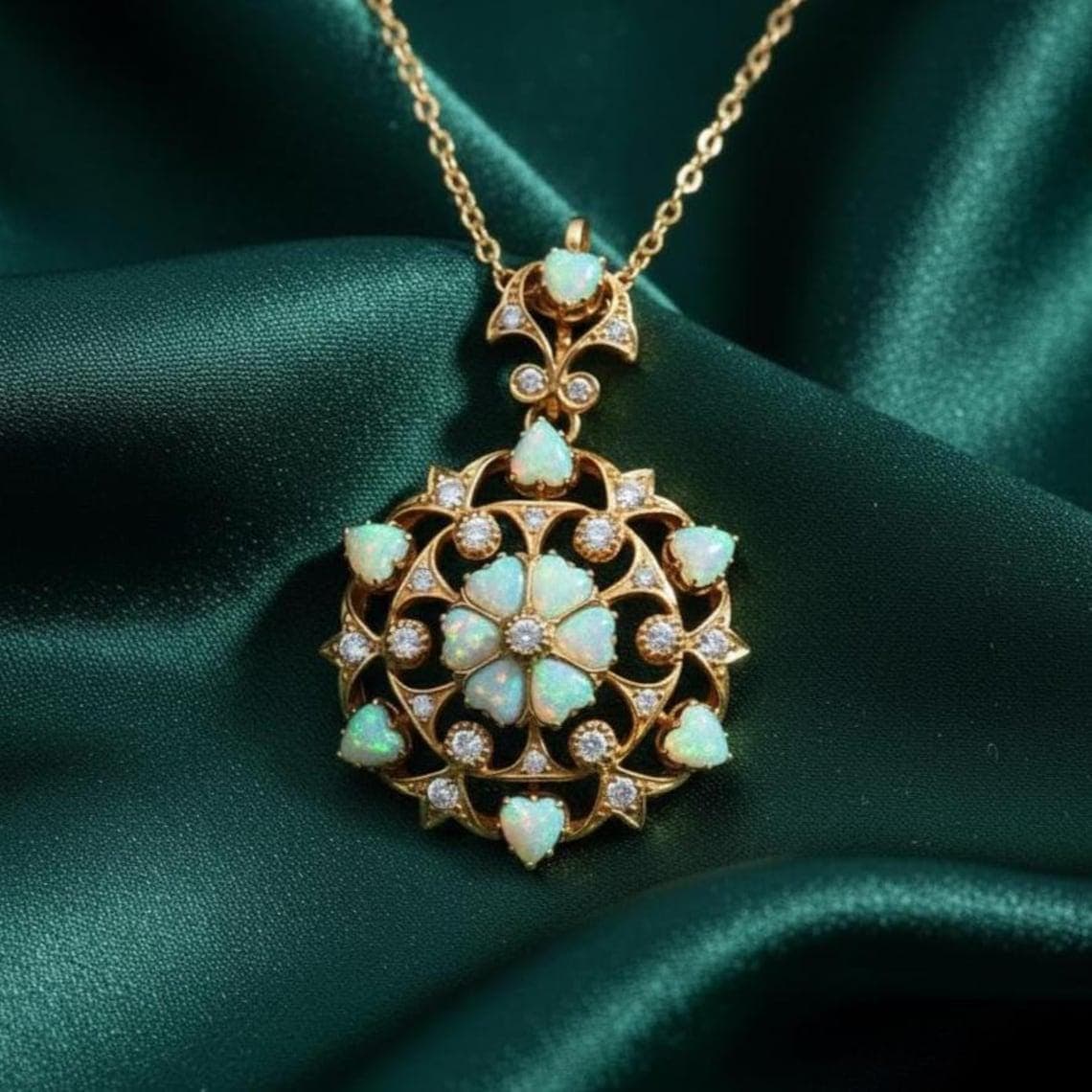 Vintage Opal Flower Mandala Pendant Necklace