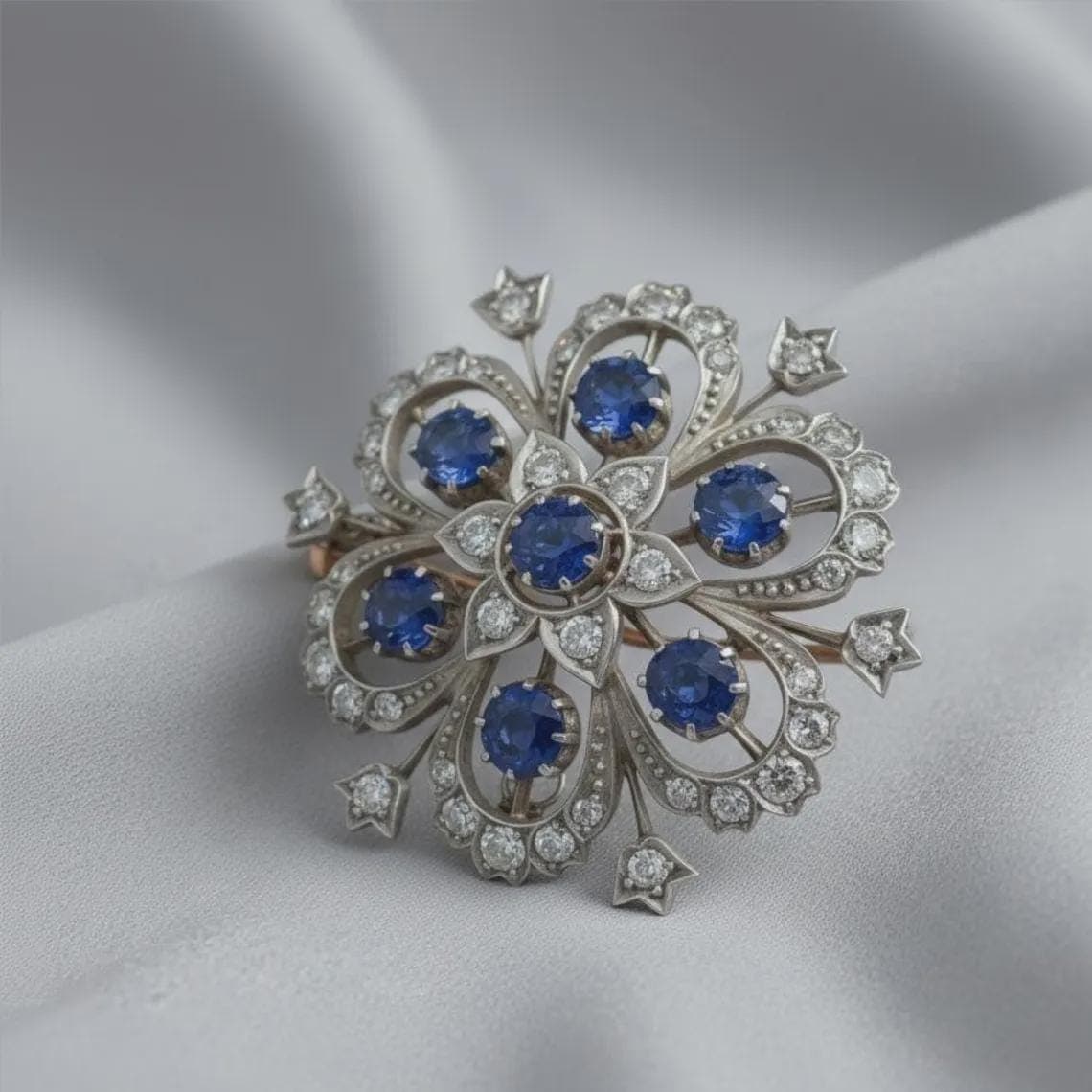 Sapphire & Diamond Floral Brooch — View 3