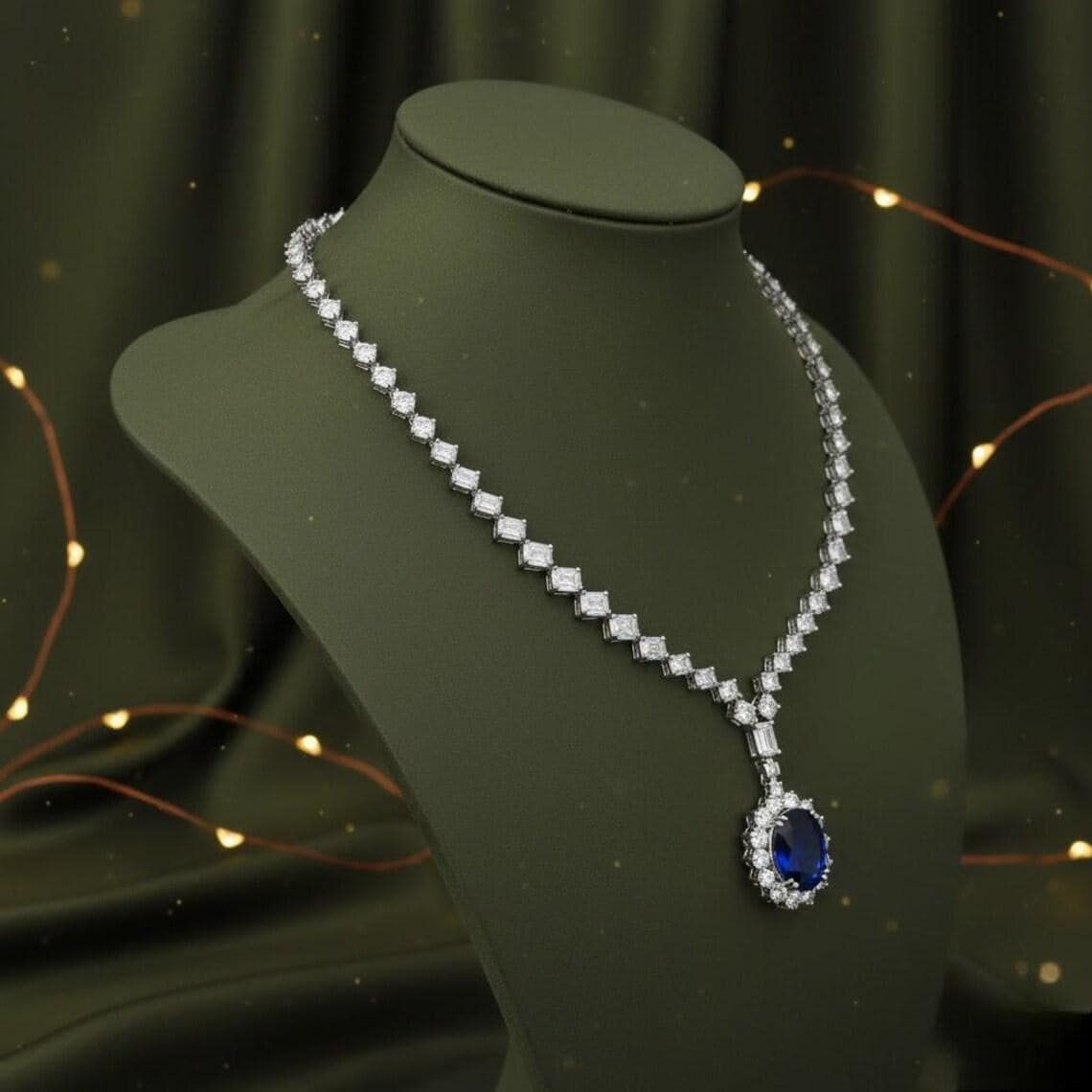 14K White Gold Plated Blue Sapphire Diamond Necklace — View 3