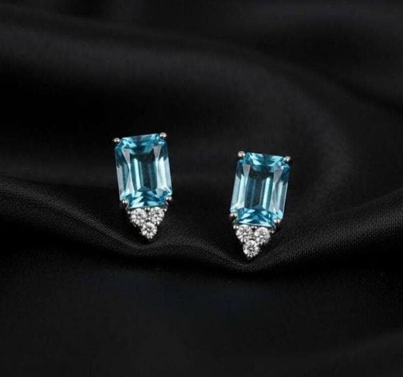 Emerald-Cut Aquamarine &WOMENS Diamond Accent Stud Earrings — View 3