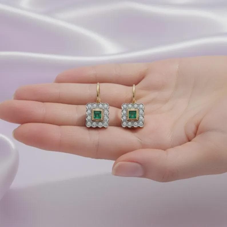Princess Cut Emerald Halo Dangle Earrings — View 4