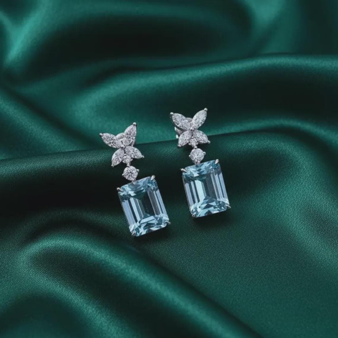 Aquamarine Emerald Cut Dangle Earrings — View 2