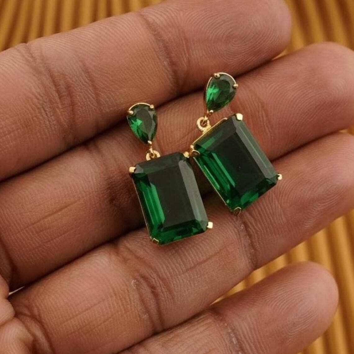 Emerald Green Drop Earrings For Women's — View 2