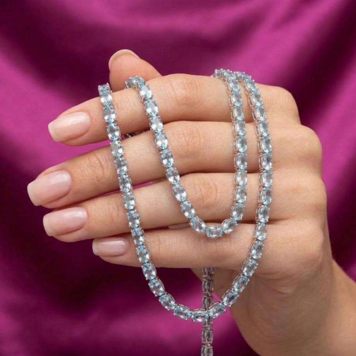 Ice Blue Oval Cut Aquamarine Tennis Necklace — View 4