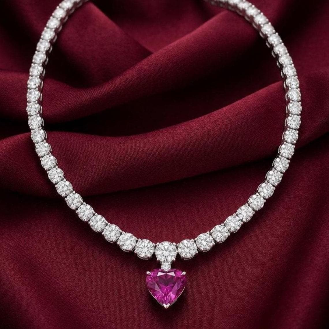 Eternal Heart Pink Ruby Tennis Necklace 14K Gold — View 2