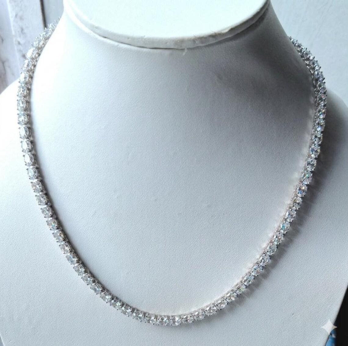 Moissanite Oval 6x4 mm Tennis Necklace: Platinum Over