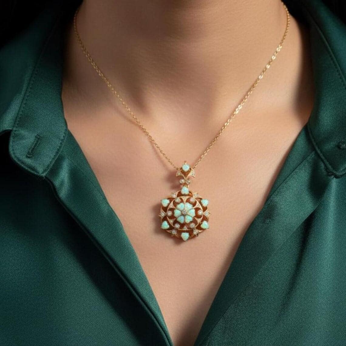 Vintage Opal Flower Mandala Pendant Necklace — View 4