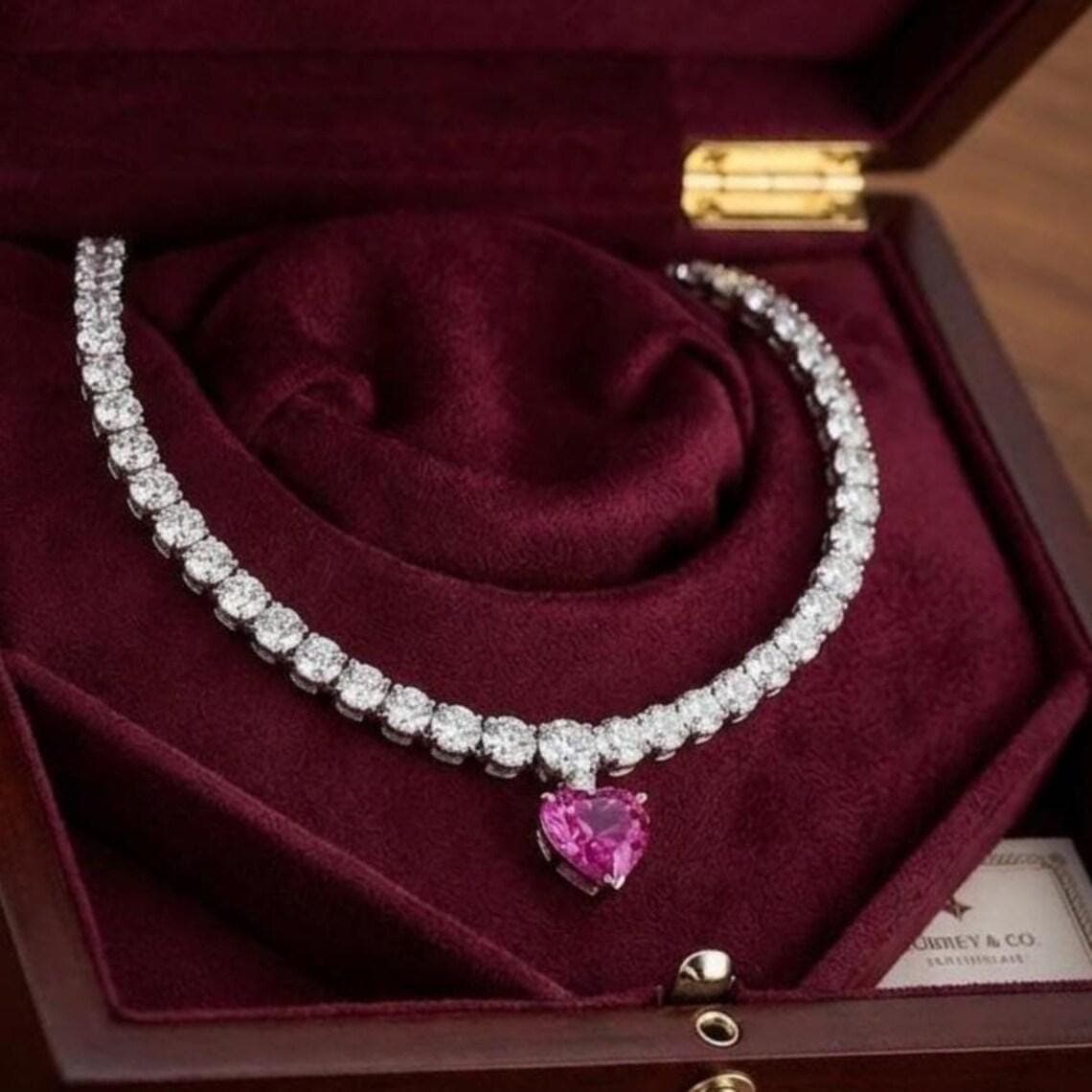 Eternal Heart Pink Ruby Tennis Necklace 14K Gold — View 5