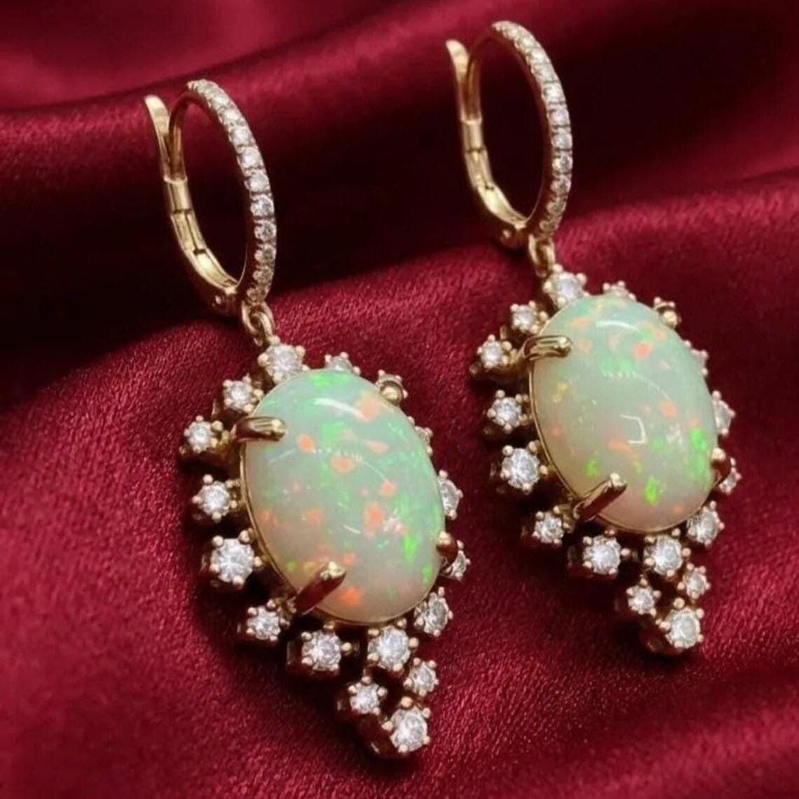 2.20 Ct Fire Opal Diamond Halo Drop Earrings — View 2
