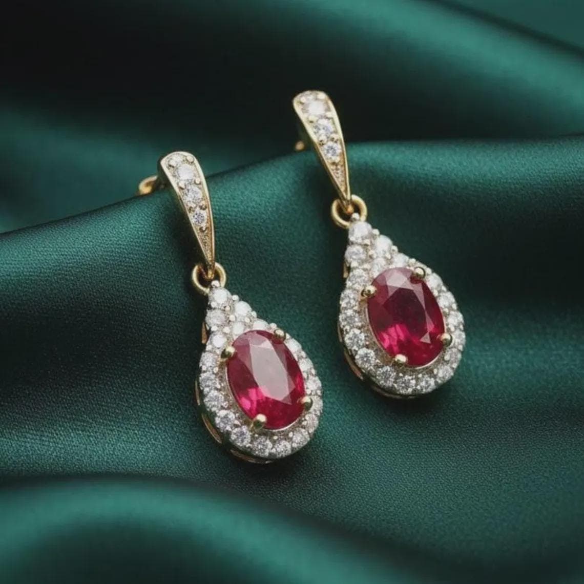 Oval Ruby Halo Drop Earrings — View 2