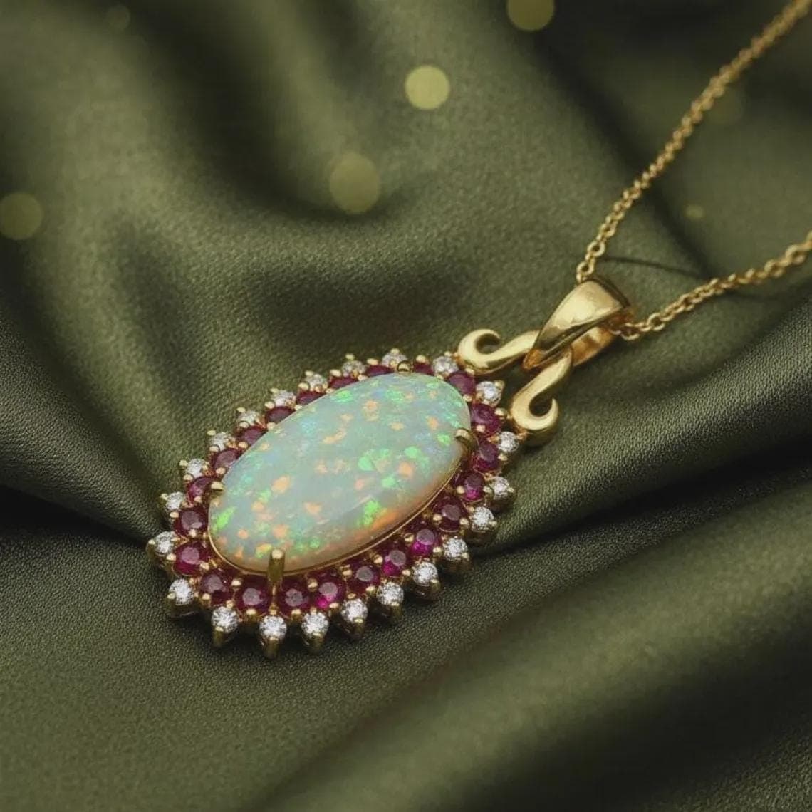 Oval Opal Garnet Diamond Halo Pendant Necklace — View 3