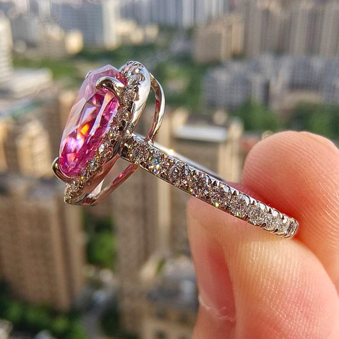 Fancy Pink Pear Cut Moissanite Engagement Ring — View 4
