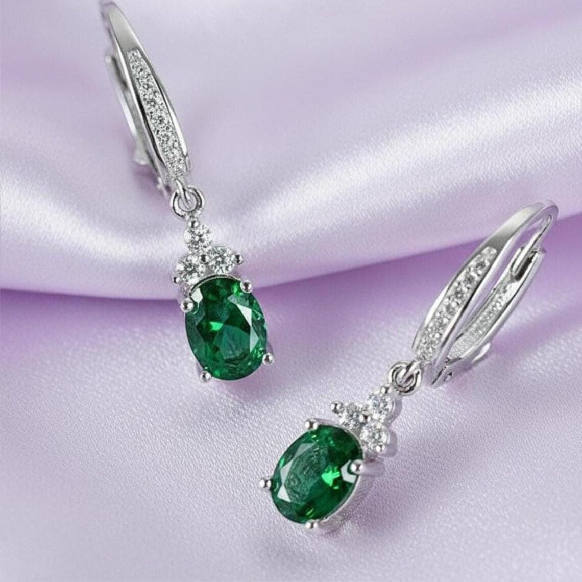 Oval Green Emerald & Diamond Women's Earrings 14K — View 3