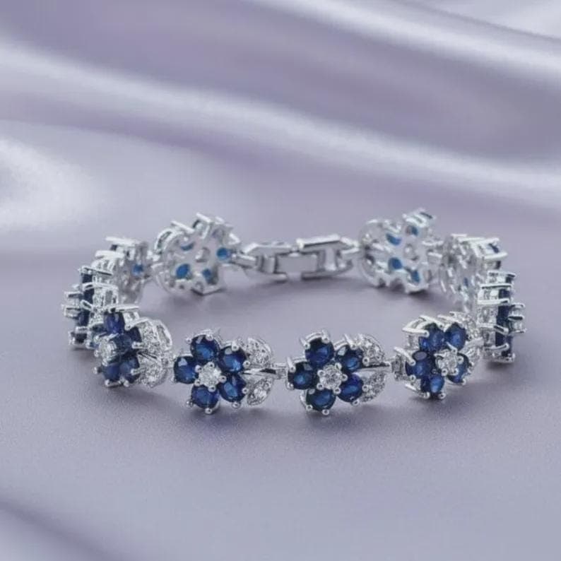 Blue Sapphire Flower Bracelet with Diamond Accents Elegant — View 2
