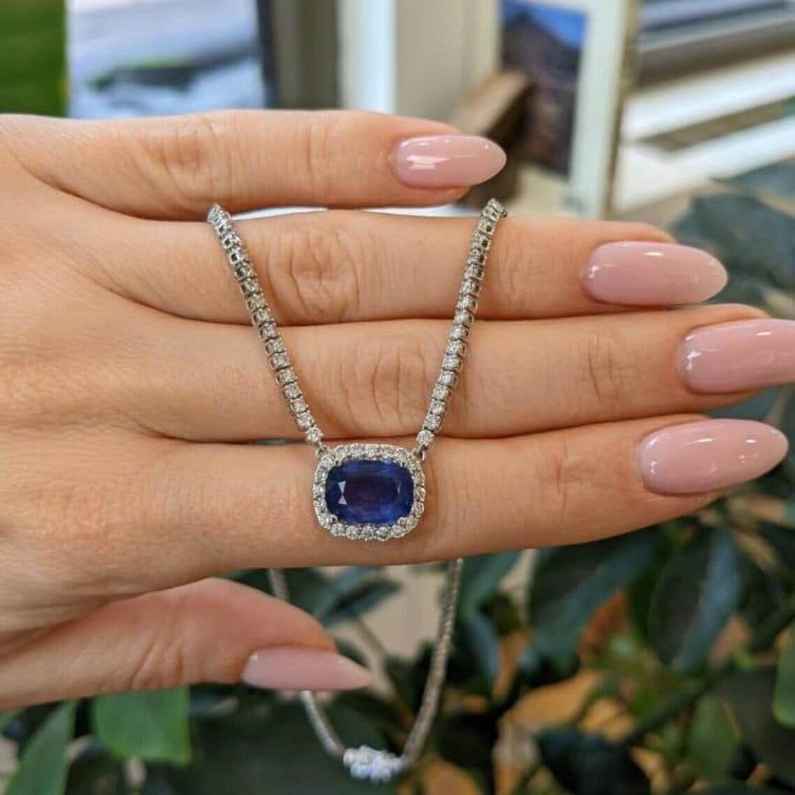 Cushion Cut Blue Sapphire Halo Pendant Necklace