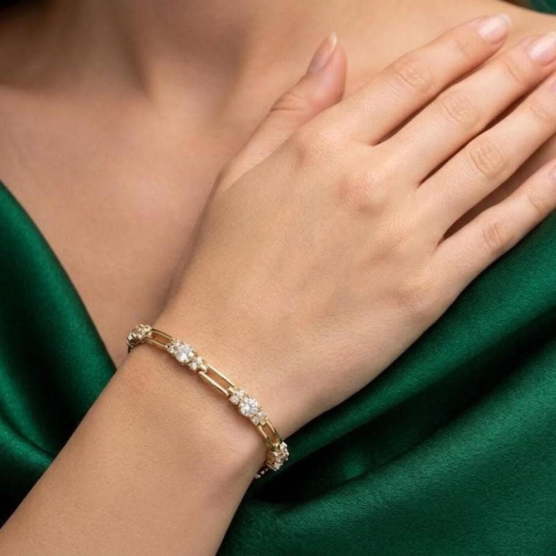 Bar Link Diamond/Moissanite Tennis Bracelet 14K Yellow Gold — View 4