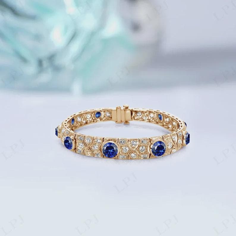 Vintage Style Blue Sapphire and Diamond Bracelet Elegant — View 3