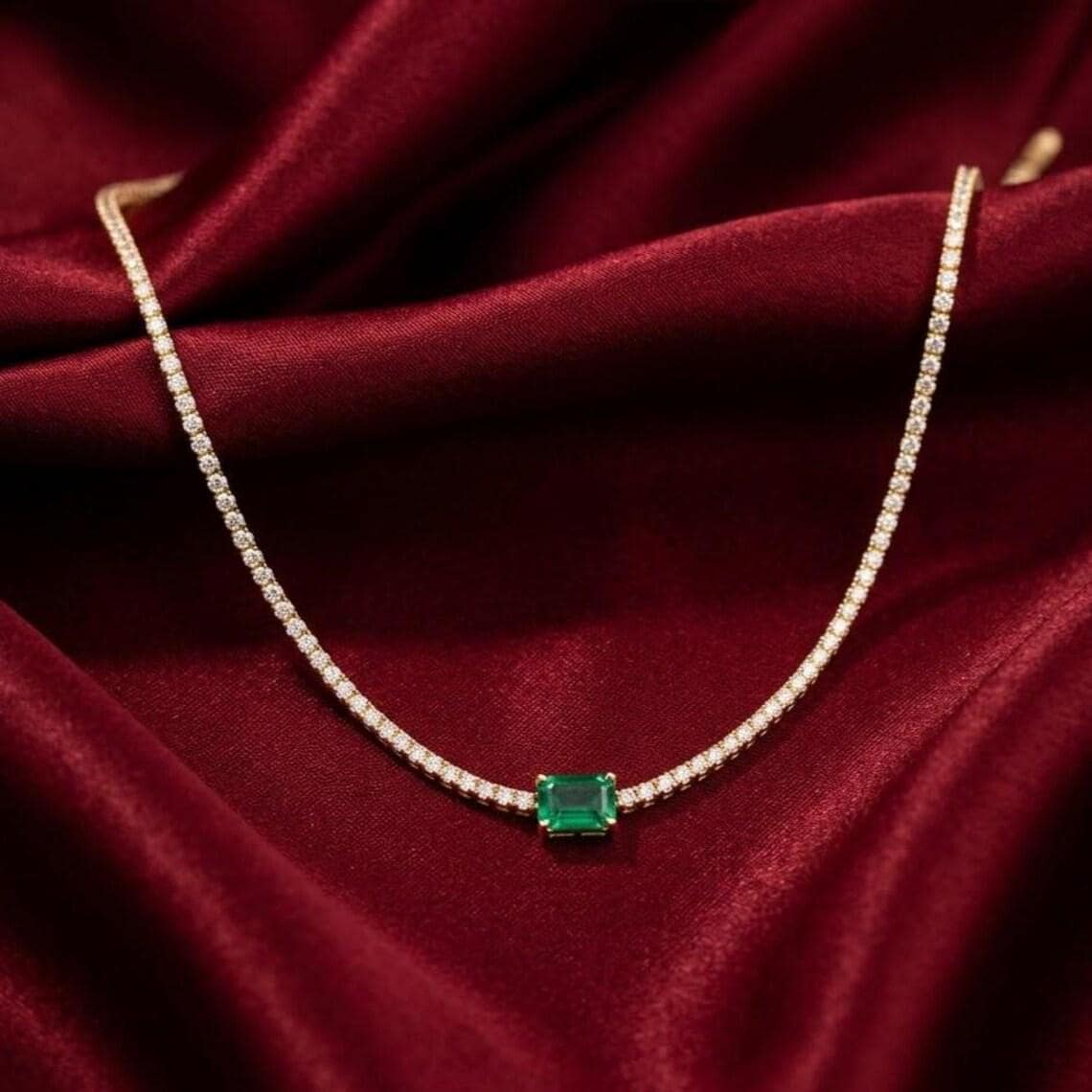 Emerald Solitaire Tennis Necklace — View 2